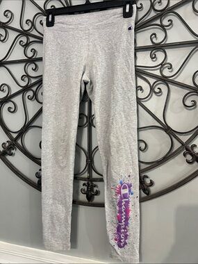 Champion Girls' Light Gray Leggings with Purple and Pink Script Splash